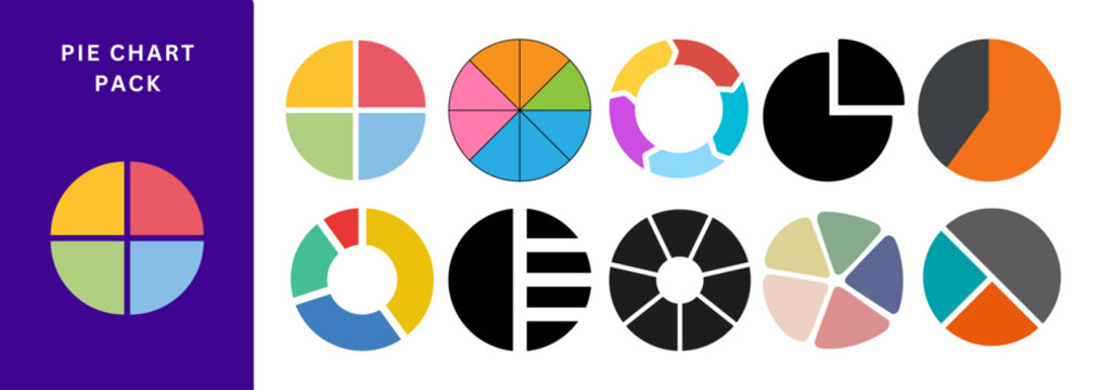 Infographic Pie Chart Icons, colorful data visuals, presentation analytics symbols, modern segmented chart elements designed for business reports, dashboards, and statistical explanations
