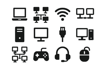 Set of computer and network icons including laptop, wi-fi, monitor, and gaming accessories