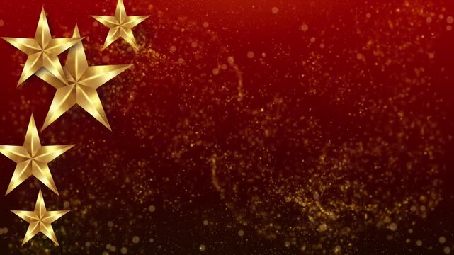 Animation of Festive decoration border with golden stars and sparkles on red background. Bright Merry Christmas and Happy New Year design holiday frame. Sparkling glitter, Copy space, video looping