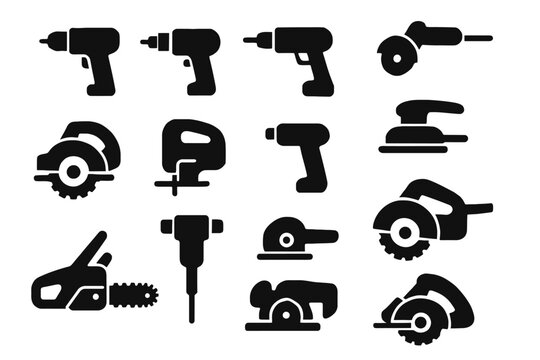 Silhouette icons of power tools and equipment for construction and diy projects