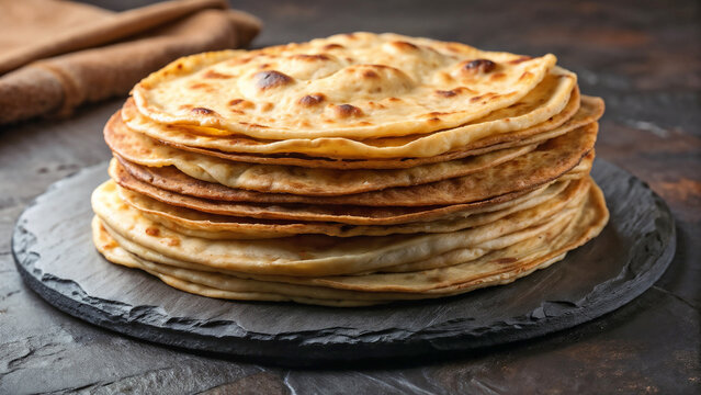 Stack of warm chapatis presented on dark stone offers comforting view. Warm chapatis, also known as roti, are a staple in many cuisines and brings warmth to any table.