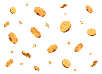 3d flying golden coins with percent sign with stars. Stock vector illustration on isolated background.