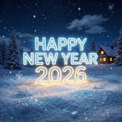 Cozy Neon "HAPPY NEW YEAR 2026" Sign on Snow with Log Cabin and Pine Trees at Night