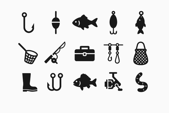 Fishing equipment icons: hooks, rod, net, fish, lures, tackle box