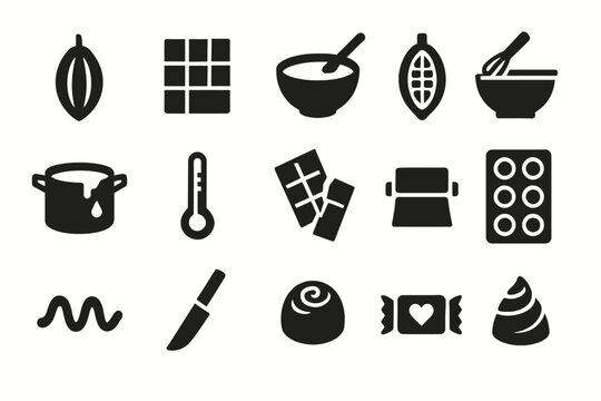 Chocolate icons set featuring ingredients and kitchen utensils for cooking and baking