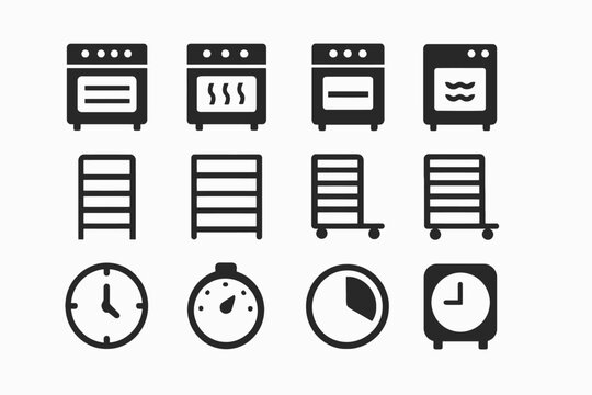 Kitchen appliances icons: oven, racks, clocks for cooking and baking