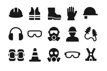 Safety equipment icons: helmets, gloves, masks, safety vests, ear protection