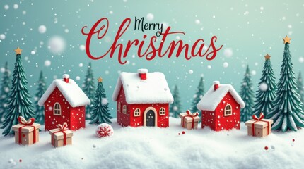 Festive Merry Christmas lettering with whimsical snow houses trees joyful gifts