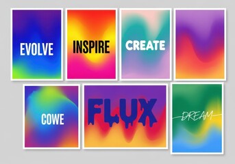 Modern abstract gradient posters with inspirational words, vibrant colorful fluid backgrounds for creative design projects