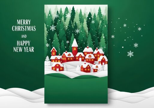 Festive winter village with red houses, snowy forest, falling snowflakes, and merry christmas and happy new year
