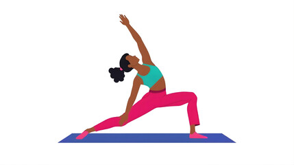 Woman in yoga pose with pink pants and green top on blue mat against a white plain background on transparent background