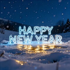 Glowing Neon "HAPPY NEW YEAR" Sign on Reflective Snow in a Dark Winter Landscape