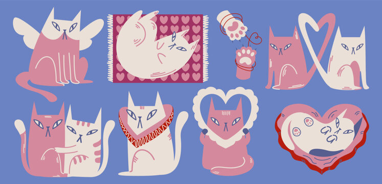 Cute cats for Valentine's Day lovely pet. Collection of cats with heart, hugging cats, romantic cats