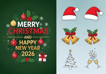 Merry christmas and happy new year 2026 greeting card design with festive elements, including santa hats, bells, and a christmas tree