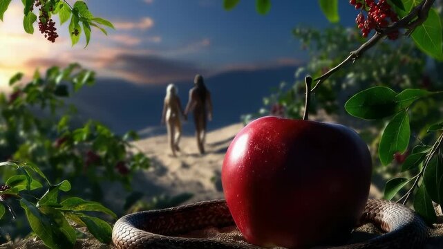 Sacred moment: Adam wander, Eve taste, snake speak, fruit shine, Eden close, guilt bloom, command test, spirit cry, myth birth, fall echo, judgment pass, belief hold