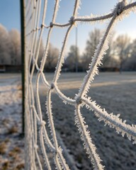 Frozen soccer net covered in hoarfrost on a sunny winter morning.