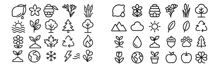 Minimalist line symbols representing nature, ecology, environment, and weather elements