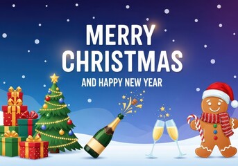 Merry christmas and happy new year festive scene with a decorated tree, gifts, gingerbread man, and champagne