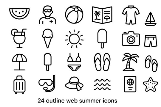 Minimalist outline symbols set for summer vacation and beach travel concepts