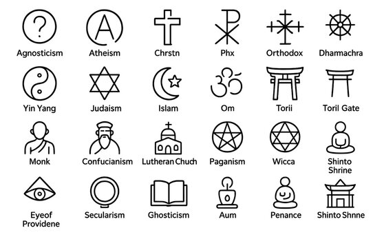 World religions, spiritual beliefs, and philosophical concepts outline icons set