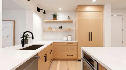 Modern minimalist kitchen bright white counters matte black fixtures and light oak cabinets