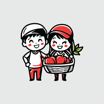 A cute cartoon couple, a boy and a girl, happily holding a basket full of fresh red apples.
