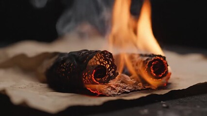 Blackened edges curl inward slowly during cinematic shots of burning paper destruction - Powered by Adobe