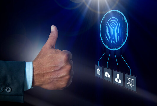 Digital thumb fingerprint scanner provides cyber security access with biometrics identification. Cybersecurity and privacy concepts. Businessman protecting personal data on virtual screen interfaces - Powered by Adobe