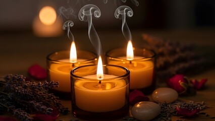 Three candles glowing with smoke and lavender and rose petals on a wooden surface in dim light