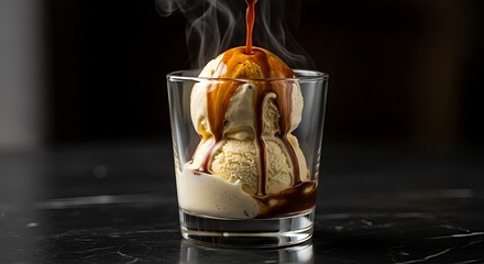 A rich stream of hot espresso pouring over two scoops of vanilla ice cream in a shot glass.