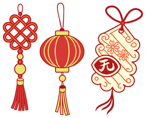Red Chinese Tassel, Knot, and Lantern Icon Collection
