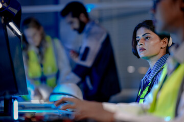 A female logistics operator monitors the supply chain in real time. She works in a smart factory, using AI data for efficiency, optimization, and quality control.