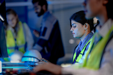 A female logistics operator monitors the supply chain in real time. She works in a smart factory,...