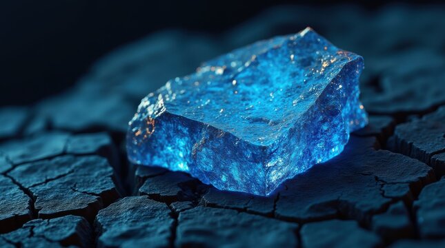Iridescent blue mineral chunk showing lava cracks under moody studio glow macro
