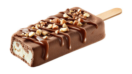 A chocolate and white ice cream bar with nuts on top isolated on transparent background