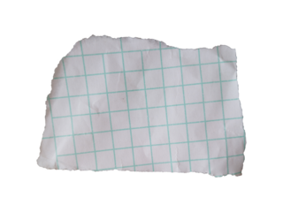 Torn piece of white grid paper with rough edges for design element isolated on transparent background