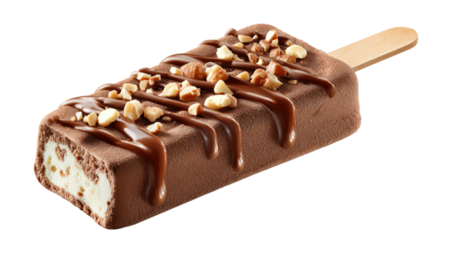 A chocolate and white ice cream bar with nuts on top isolated on transparent background