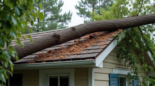 Large fallen tree trunk across residential roof shingles storm damage scene