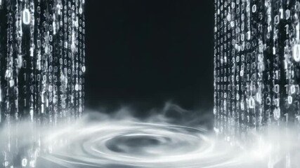 Binary code raining down in matrix style forming swirling digital portal with mist. Futuristic cyber effect visualizing data flow in networks and artificial intelligence concepts. video footage video - Powered by Adobe