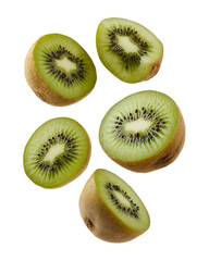 Fototapeta premium High resolution product photo of vivid green kiwi fruit halves and slices floating in the air isolated on transparent background healthy organic tropical snack