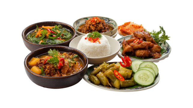 A plate of food with a variety of dishes including rice, vegetables, and meat, isolated on transparent background