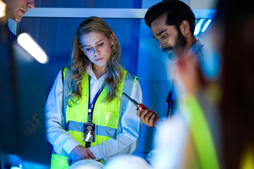 A logistics management team reviews supply chain blueprints on a light table. The diverse group, led by a woman in a safety vest, plans an AI strategy for optimization.