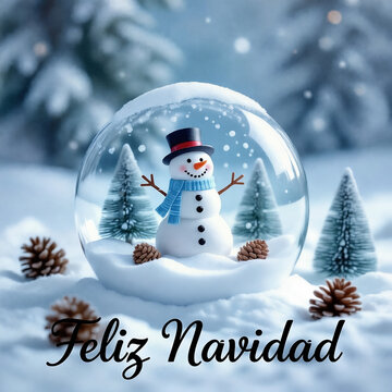 en primer plano una bola de cristal conteniendo un mu&ntilde;eco de nieve feliz con pinos y nevando copos de nieve, alrededor unas pi&ntilde;as texto Feliz Navidad