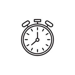 Illustration of a classic alarm clock with bells on top and hands showing the time in black outline