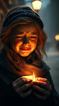 A girl cries over a burning match on a winter street. Illustration for Andersen's fairy tale "The Little Match Girl."