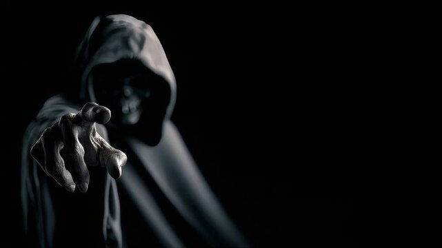 Grim reaper reaching towards the camera over dark background