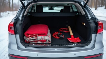 Open vehicle trunk with visible winter gear including shovel blanket cables snow