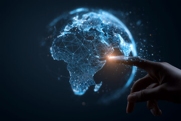 A hand is pointing at a blue globe with a white dot in the middle