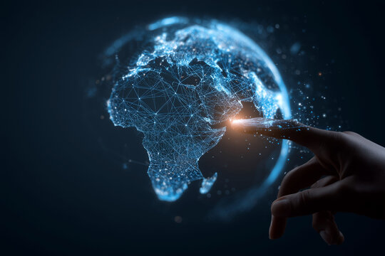 A hand is pointing at a blue globe with a white dot in the middle