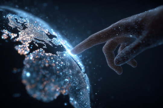 A hand is pointing at a globe, which is surrounded by a lot of stars